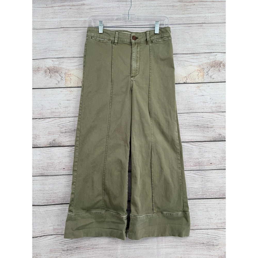 Anthropologie Chino Pants Women 4 Olive Green Wide Leg Cropped Seam Detail
